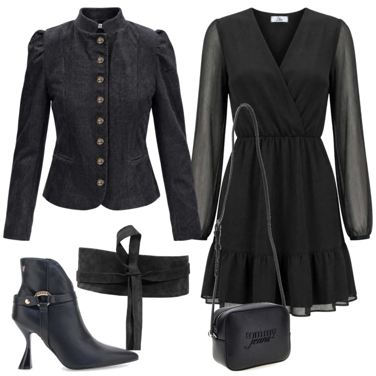 Outfit donna - Total look #2499423. Stile Rock per Serata fuori. Abbinamento con vestiti corti, cinture, blazer, stivaletti, borse a tracolla.