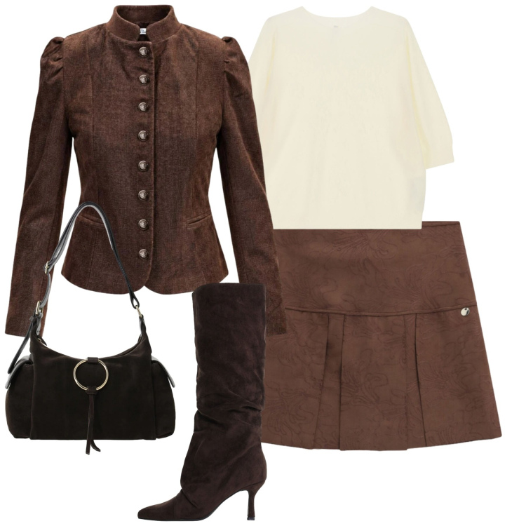 Outfit donna - Ottobre. Stile Urban per Tutti i giorni. Abbinamento con blazer, borse a spalla, stivali, maglieria, minigonne.