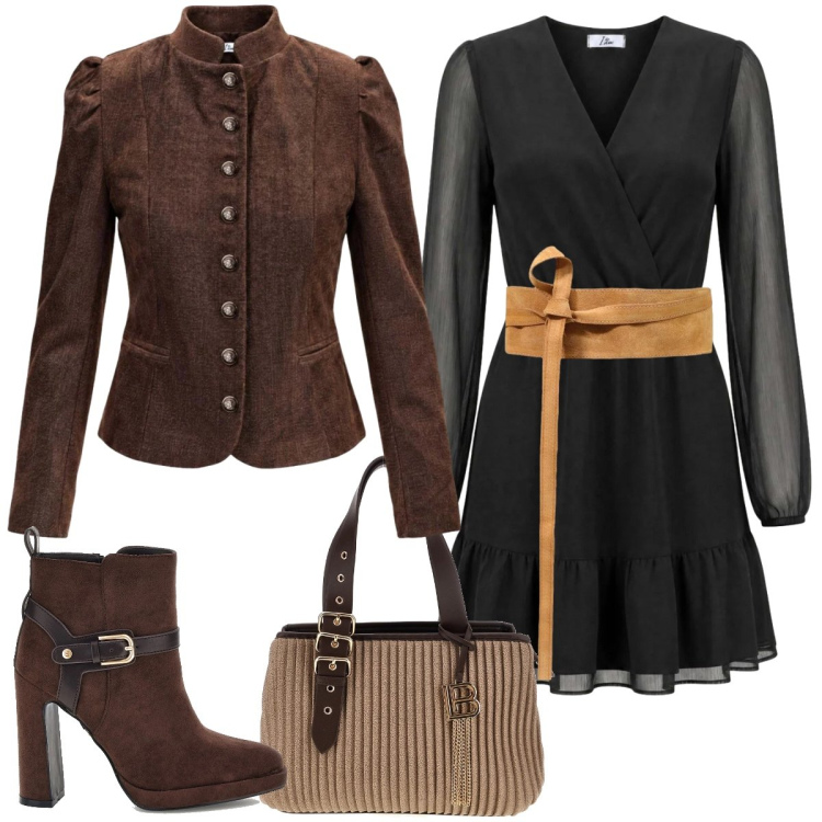 Outfit donna - Chic autunnale. Stile Chic per Serata fuori. Abbinamento con cinture, blazer, vestiti corti, borse a mano, stivaletti.