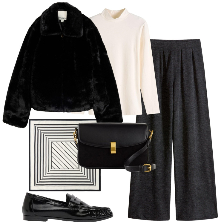 Outfit donna - City. Stile Urban per Tutti i giorni. Abbinamento con foulard, borse a mano, pantaloni, maglieria, mocassini, ecopellicce.