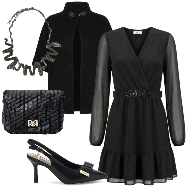 Outfit donna - Eleganza discreta. Stile Chic per Serata fuori. Abbinamento con vestiti corti, ciondoli, cinture, borse a tracolla, cappe, décolleté.
