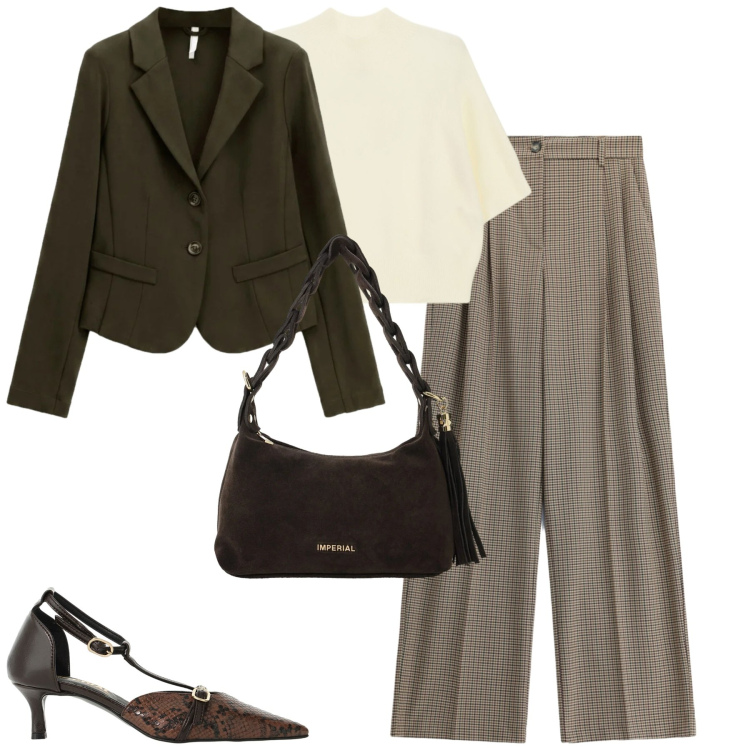 Outfit donna - Ottobre. Stile Urban per Tutti i giorni. Abbinamento con décolleté, pantaloni a palazzo, borse a spalla, maglieria, blazer.