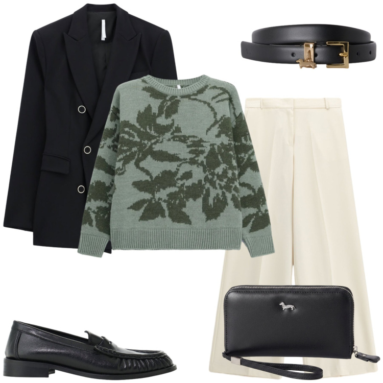 Outfit donna - Fall Style. Stile Casual chic per Ufficio. Abbinamento con portafogli, cinture, maglieria, mocassini, blazer, pantaloni a palazzo.