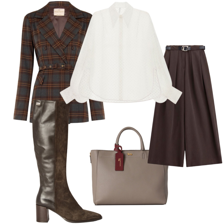 Outfit donna - Total look #2499433. Stile Casual chic per Tutti i giorni. Abbinamento con borse a mano, stivali, pantaloni a palazzo, camicie, blazer.