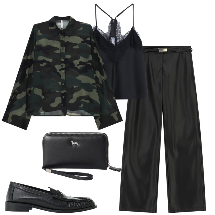 Outfit donna - Serata. Stile Trendy per Serata fuori. Abbinamento con portafogli, mocassini, pantaloni, camicie, top.