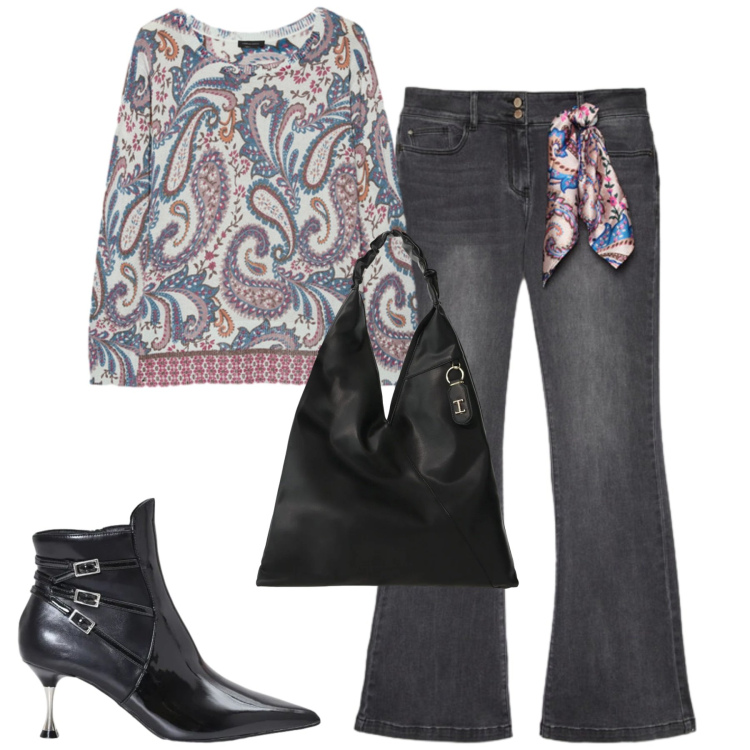 Outfit donna - City. Stile Casual chic per Tutti i giorni. Abbinamento con borse a spalla, jeans, maglieria, stivaletti.