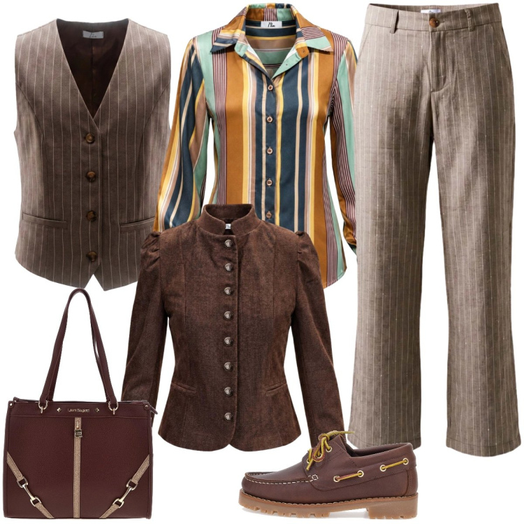 Outfit donna - Stile sartoriale d’altri tempi. Stile Vintage retrò per Scuola/Università. Abbinamento con pantaloni, camicie, blazer, gilet, mocassini, borse a spalla.