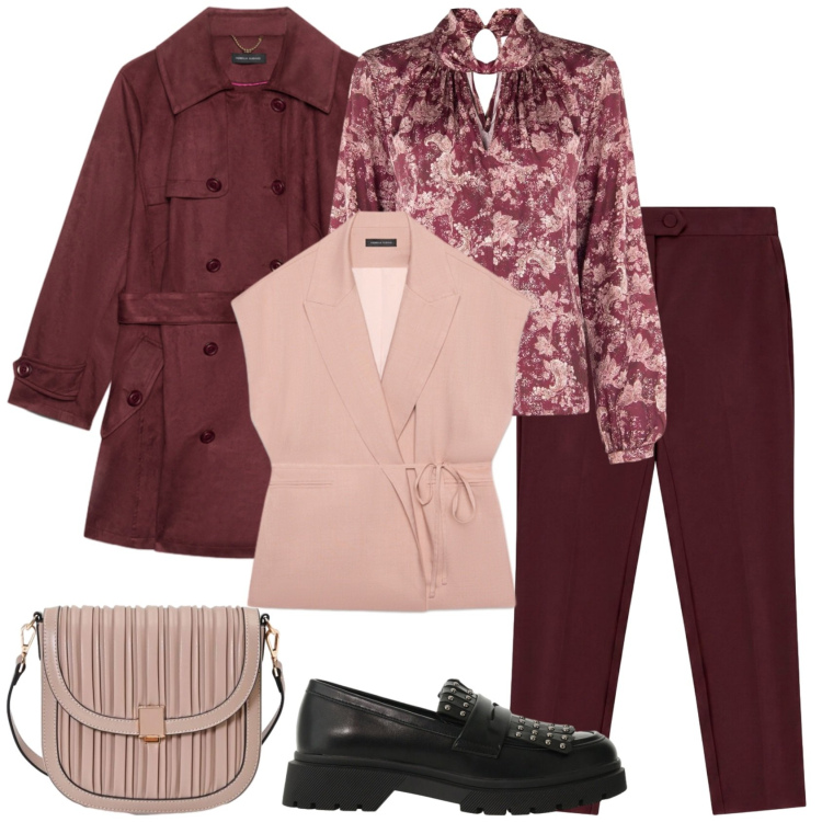 Outfit donna - Rosa cipria e bordeaux. Stile Casual chic per Tutti i giorni. Abbinamento con pantaloni, mocassini, trench, gilet, bluse, borse a tracolla.