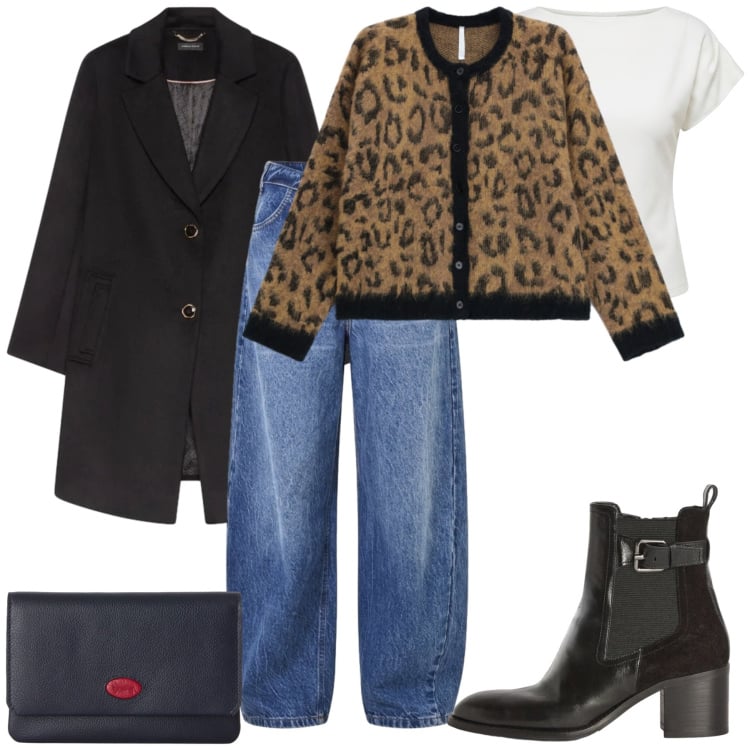 Outfit donna - Fall Weekend Chic. Stile Casual chic per Tutti i giorni. Abbinamento con portafogli, stivaletti, cardigans, cappotti, jeans mom, t-shirt.