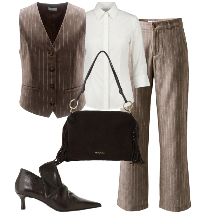 Outfit donna - City. Stile Mannish per Tutti i giorni. Abbinamento con gilet, pantaloni, borse a spalla, stivaletti, camicie.