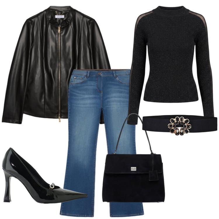Outfit donna - Total look #2499440. Stile Glamour per Serata fuori. Abbinamento con décolleté, giacche, borse a mano, jeans bootcut, maglieria, cinture.