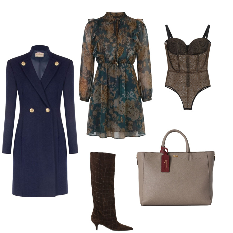 Outfit donna - Total look #2499441. Stile Chic per Serata fuori. Abbinamento con borse a mano, stivali, body, cappotti, vestiti corti.