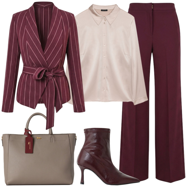 Outfit donna - Bordeaux e rosa cipria per il lavoro. Stile Casual chic per Ufficio. Abbinamento con borse a mano, stivaletti, camicie, blazer, pantaloni a palazzo.