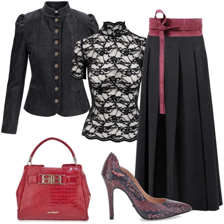 Outfit donna - Fascino scuro con accenti di rosso. Stile Romantica per Serata fuori. Abbinamento con gonne lunghe, top, cinture, blazer, décolleté, borse a mano.
