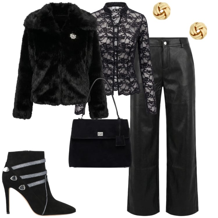 Outfit donna - Scorpio vibes. Stile Trendy per Serata fuori. Abbinamento con top, borse a mano, orecchini, pantaloni, blazer, stivaletti.