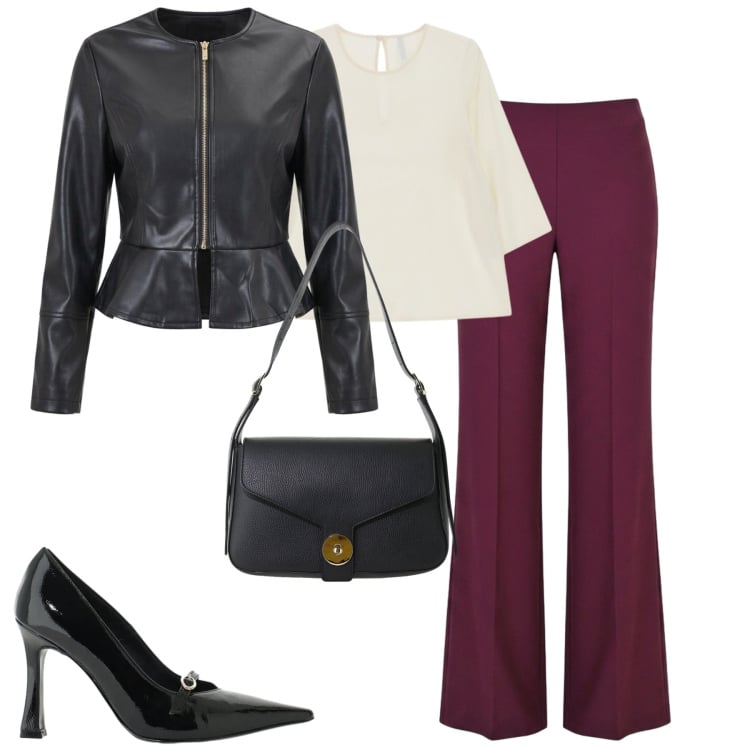 Outfit donna - Bordeaux e rosa. Stile Chic per Tutti i giorni. Abbinamento con décolleté, bluse, borse a spalla, pantaloni a palazzo, giacche.