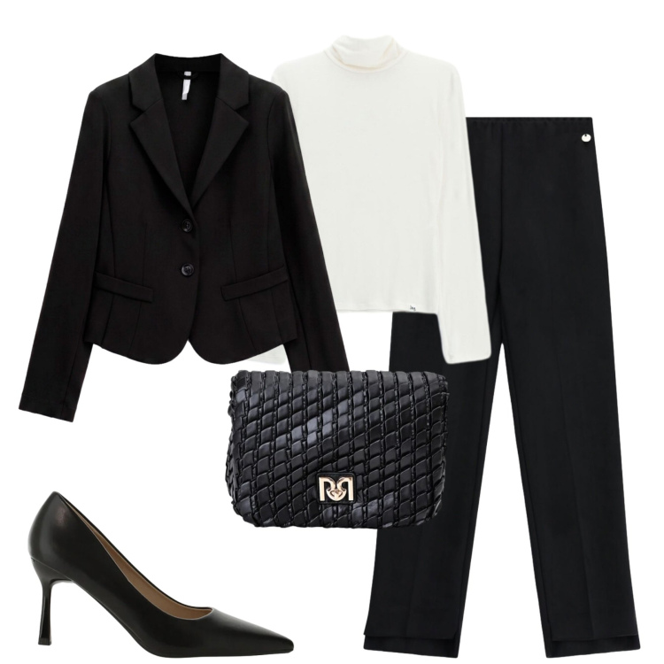 Outfit donna - B&W. Stile Chic per Tutti i giorni. Abbinamento con décolleté, blazer, t-shirt, pantaloni, borse a tracolla.