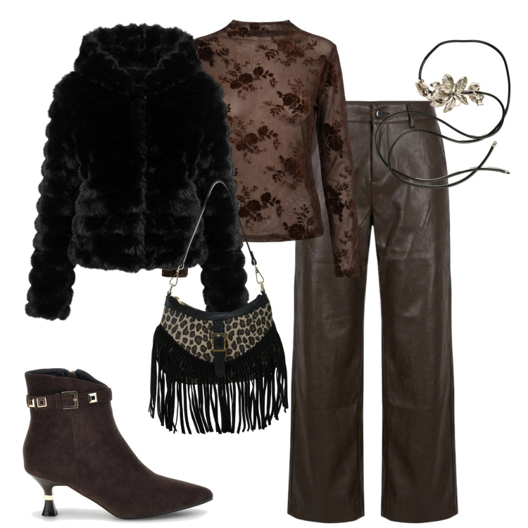 Outfit donna - Scorpio night. Stile Sexy per Serata fuori. Abbinamento con borse a spalla, pantaloni, cinture, t-shirt, blazer, stivaletti.