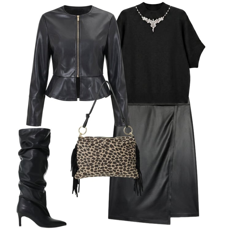 Outfit donna - Serata. Stile Trendy per Serata fuori. Abbinamento con maglieria, borse a spalla, stivali, gonne longuette, giacche.