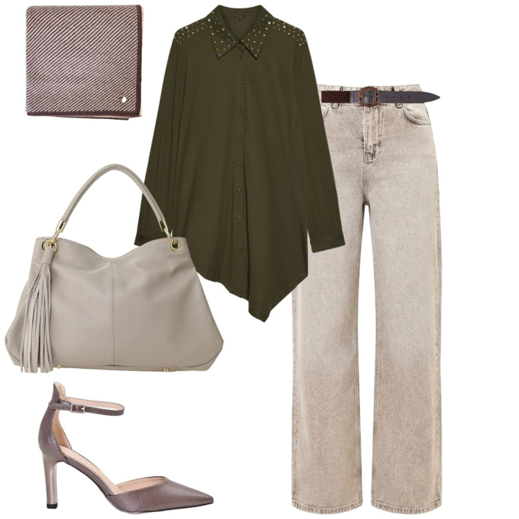 Outfit donna - City. Stile Casual chic per Tutti i giorni. Abbinamento con cinture, borse a spalla, camicie, décolleté, sciarpe, jeans dritti.