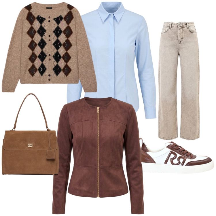 Outfit donna - Total look #2499452. Stile Casual chic per Tutti i giorni. Abbinamento con borse a mano, cardigans, sneakers, jeans dritti, camicie, blazer.