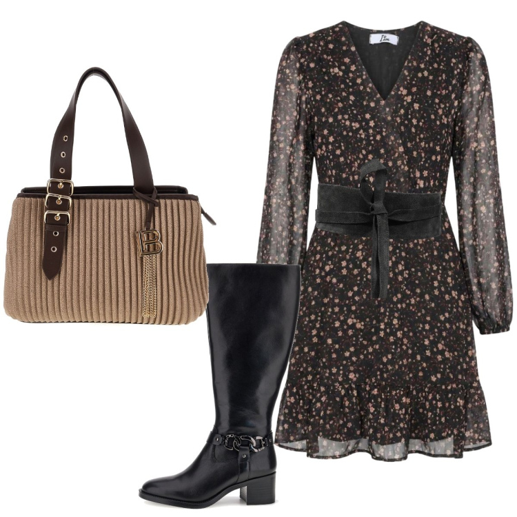 Outfit donna - In città. Stile Glamour per Tutti i giorni. Abbinamento con cinture, vestiti corti, borse a mano, stivali.