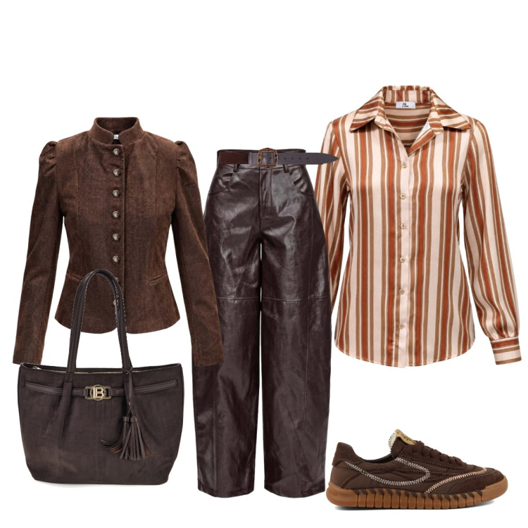 Outfit donna - In città. Stile Glamour per Tutti i giorni. Abbinamento con pantaloni a palazzo, blazer, cinture, camicie, sneakers, shopping bag.