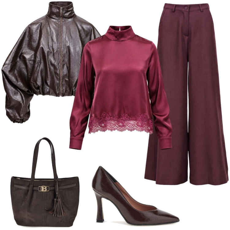 Outfit donna - Fascino, autunnale in stile retro. Stile Casual chic per Serata fuori. Abbinamento con bluse, pantaloni a palazzo, bomber, décolleté, shopping bag.