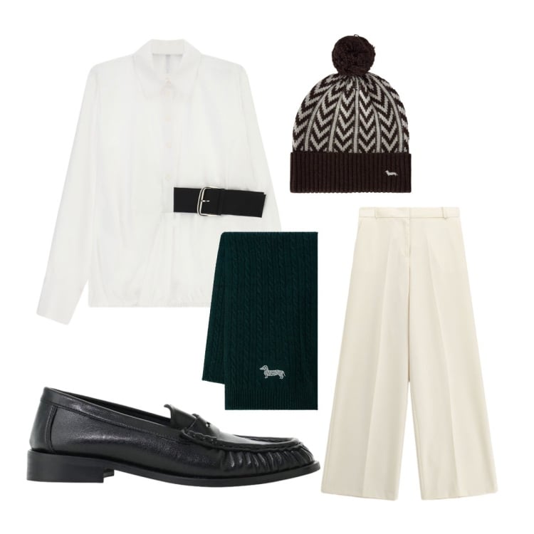Outfit donna - Primi freddi. Stile Preppy per Ufficio. Abbinamento con berretti, sciarpe, mocassini, pantaloni a palazzo, camicie.
