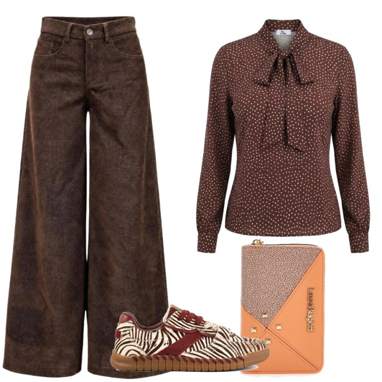 Outfit donna - I AM in color cioccolato. Stile Vintage retrò per Tutti i giorni. Abbinamento con pantaloni a palazzo, bluse, portafogli, sneakers.