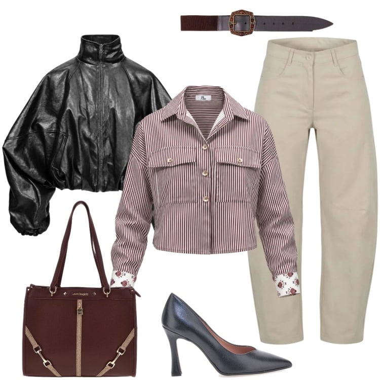 Outfit donna - Stile metropolitano , dettagli coordinati. Stile Urban per Tutti i giorni. Abbinamento con bomber, cinture, camicie, pantaloni, décolleté, borse a spalla.