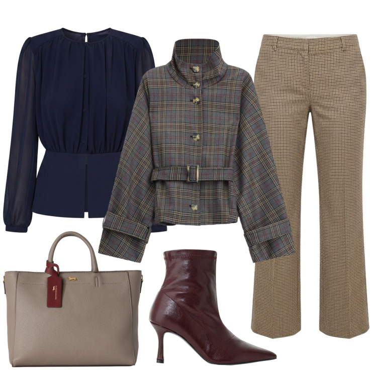 Outfit donna - Look ottobrino. Stile Chic per Tutti i giorni. Abbinamento con borse a mano, pantaloni, cappotti, stivaletti, bluse.