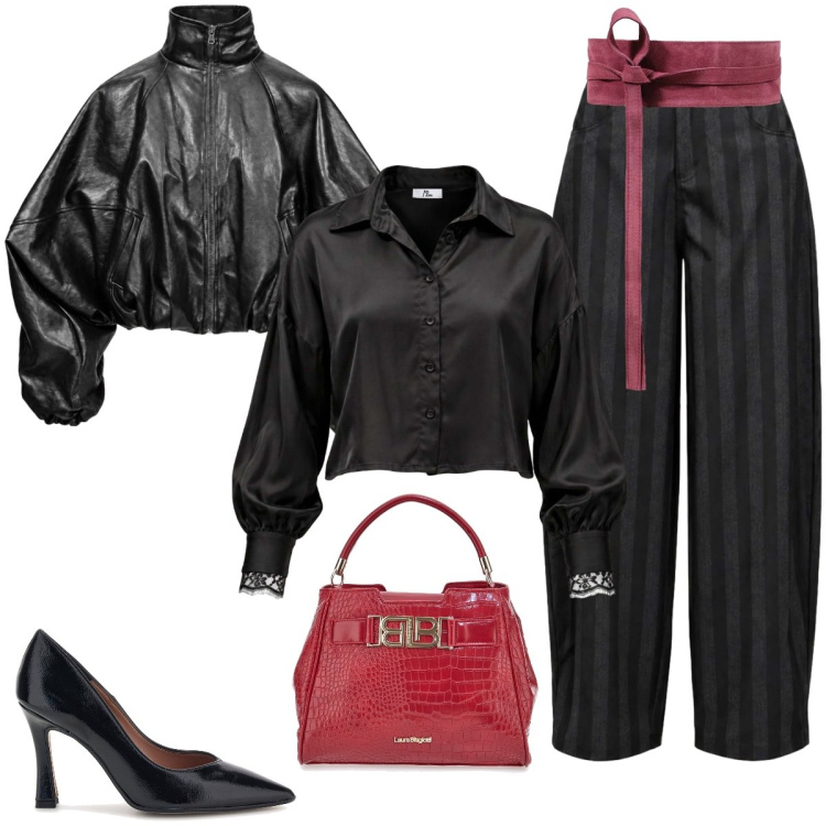 Outfit donna - Anima rock e dettagli chic. Stile Rock per Serata fuori. Abbinamento con cinture, camicie, pantaloni, bomber, décolleté, borse a mano.