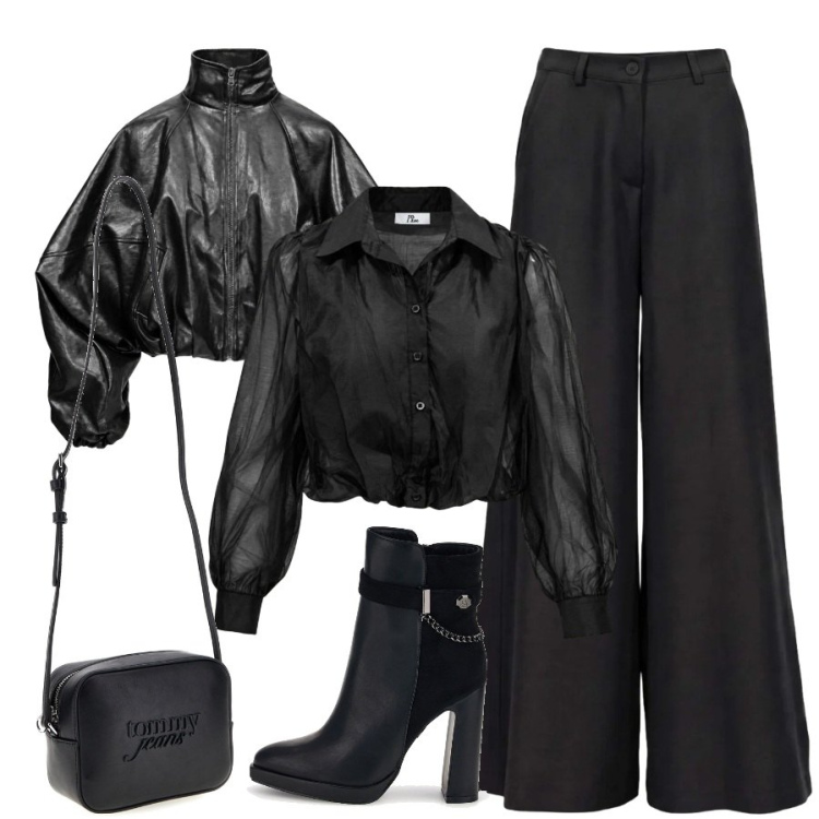 Outfit donna - Rock con I AM. Stile Rock per Serata fuori. Abbinamento con camicie, pantaloni a palazzo, bomber, stivaletti, borse a tracolla.