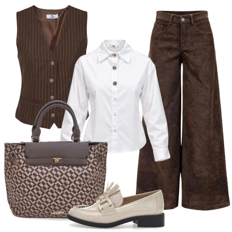 Outfit donna - Stilosa con I AM. Stile Trendy per Ufficio. Abbinamento con camicie, pantaloni a palazzo, gilet, mocassini, borse a mano.
