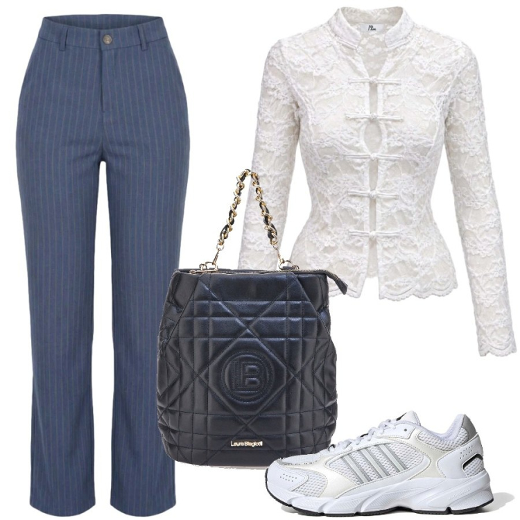 Outfit donna - Lady in sneakers. Stile Trendy per Tutti i giorni. Abbinamento con jeans dritti, top, zaini, sneakers.