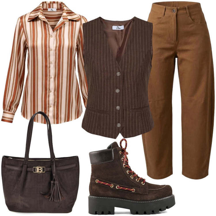 Outfit donna - Sfumature di terra e fascino autunnale. Stile Casual per Tutti i giorni. Abbinamento con pantaloni, gilet, camicie, stivali, shopping bag.