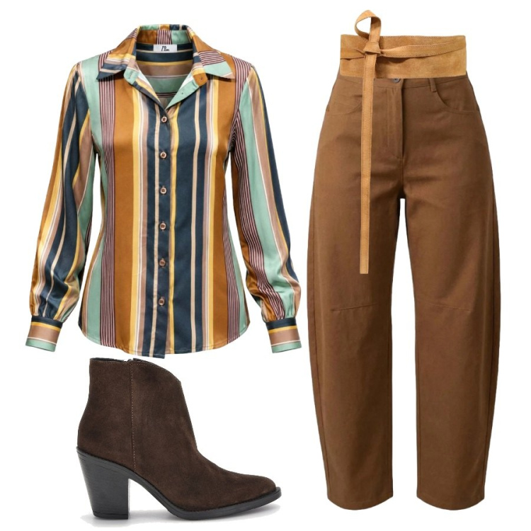 Outfit donna - Autunno a colori. Stile Casual per Tutti i giorni. Abbinamento con cinture, pantaloni, camicie, stivaletti.