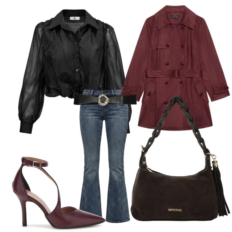 Outfit donna - La sensualità dello scorpione. Stile Casual chic per Tutti i giorni. Abbinamento con camicie, borse a spalla, trench, jeans a zampa, cinture, décolleté.
