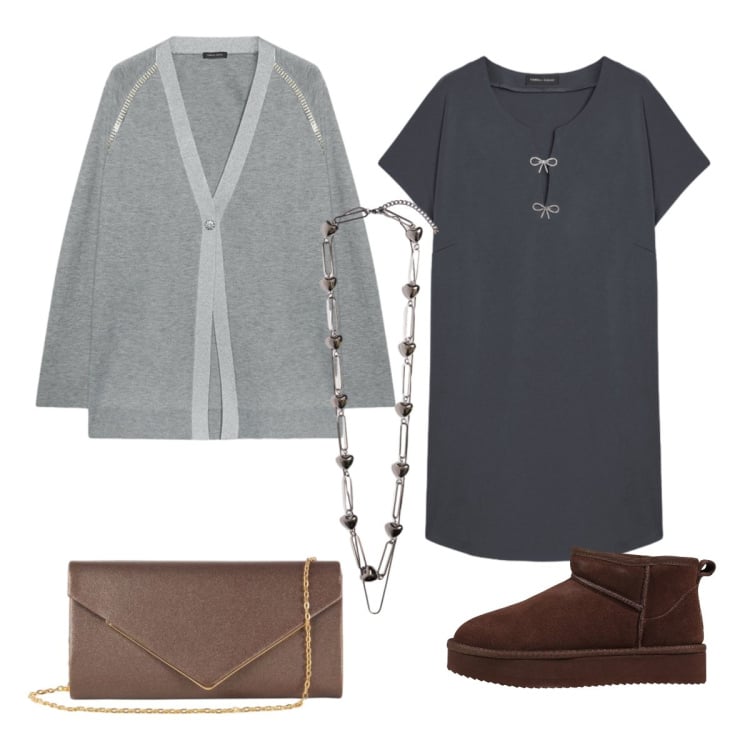 Outfit donna - Casual chic autunnale. Stile Casual chic per Tutti i giorni. Abbinamento con stivaletti, cardigans, collane, vestiti, clutch.
