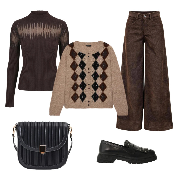 Outfit donna - Un po' 70s in ufficio. Stile Vintage retrò per Ufficio. Abbinamento con pantaloni a palazzo, mocassini, cardigans, pullovers, borse a tracolla.