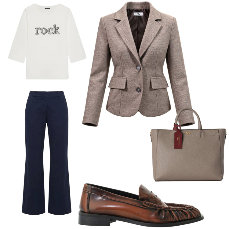 Outfit donna - Per le vie del centro. Stile Casual per Ufficio. Abbinamento con blazer, borse a mano, pantaloni, mocassini, t-shirt.