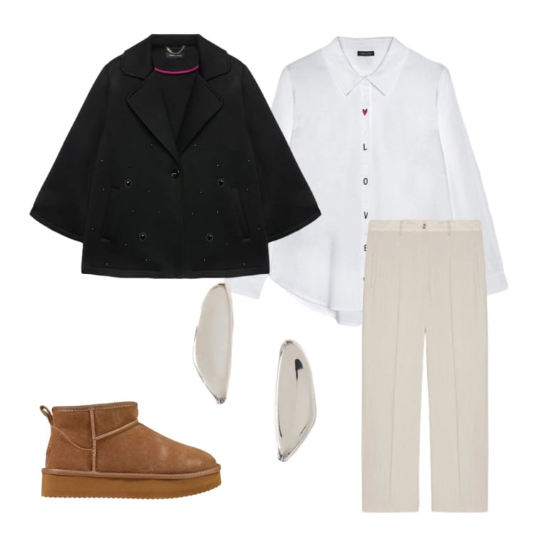 Outfit donna - Orecchini asimmetrici look curvy. Stile Basic per Tutti i giorni. Abbinamento con stivaletti, pantaloni, camicie, cappotti, orecchini.
