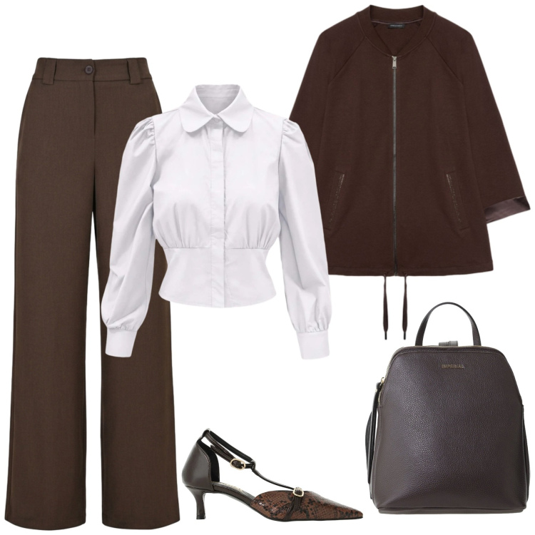 Outfit donna - In ufficio. Stile Bon Ton per Ufficio. Abbinamento con camicie, zaini, décolleté, felpe, pantaloni.