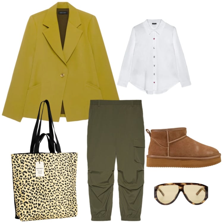Outfit donna - Vibes autunnali. Stile Casual per Tutti i giorni. Abbinamento con stivaletti, occhiali da sole, blazer, camicie, pantaloni cargo, borse tote.