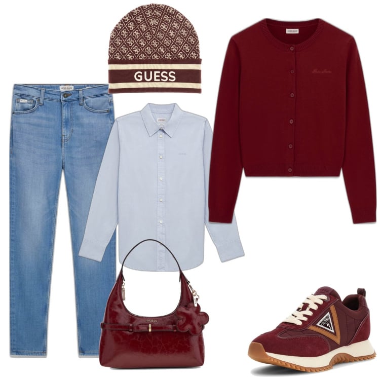 Outfit mujer - Casual chic #15179. Estilo Casual chic para Todos los días. Combinación con gorros, vaqueros pitillo, sneakers, cárdigans, bolsos de mano, camisas.