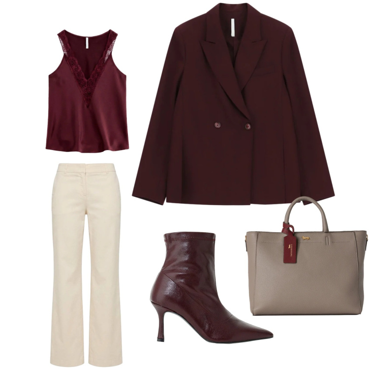 Outfit donna - Burgundy. Stile Glamour per Serata fuori. Abbinamento con borse a mano, pantaloni, stivaletti, top, blazer.