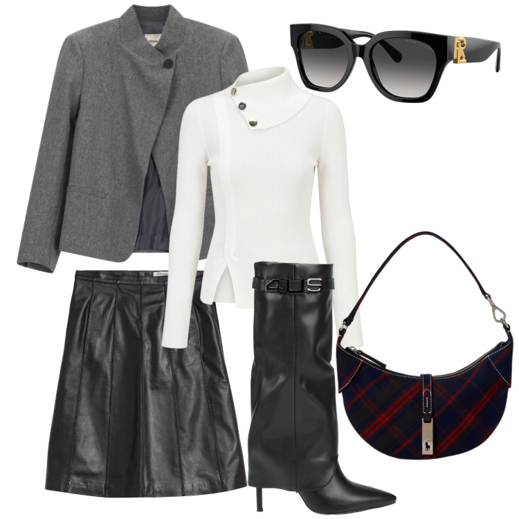 Outfit donna - Eleganza senza tempo. Stile Casual chic per Tutti i giorni. Abbinamento con blazer, occhiali da sole, borse a spalla, pullovers, stivali, gonne.