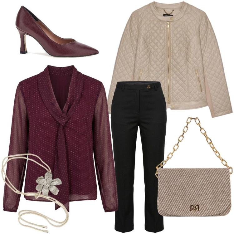 Outfit donna - Aperitivo armonioso. Stile Glamour per Serata fuori. Abbinamento con giacche, borse a spalla, bluse, cinture, pantaloni, décolleté.