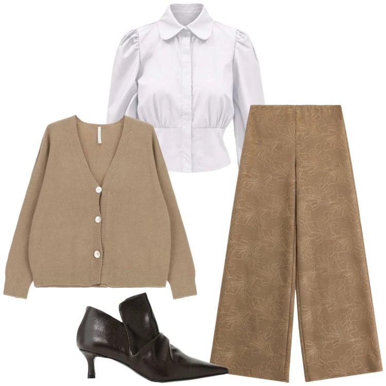 Outfit donna - Total look #2499522. Stile Chic per Ufficio. Abbinamento con camicie, pantaloni a palazzo, stivaletti, cardigans.